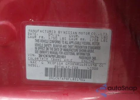 2015 Nissan Versa 1.6 S+ из США, поврежденный, VIN 3N1CN7AP8FL851951